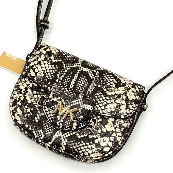 Michael Kors Small Reed Leather Saddle Crossbody Bag Snakeskin Nat/Light Cream - Picture 1 of 10
